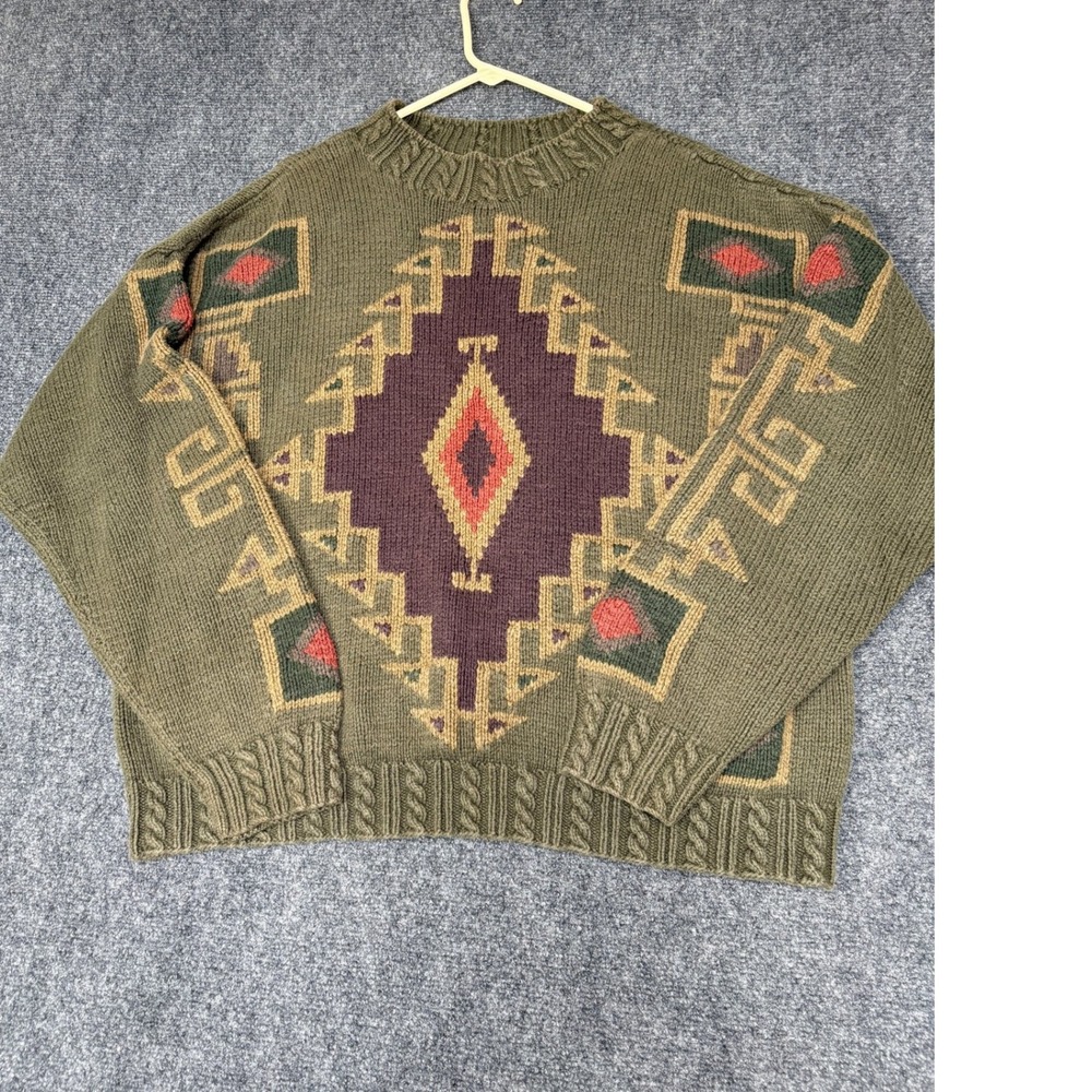 Unbranded Knit Sweater Mens XL Olive Green Southwestern Aztec Cotton Uruguay